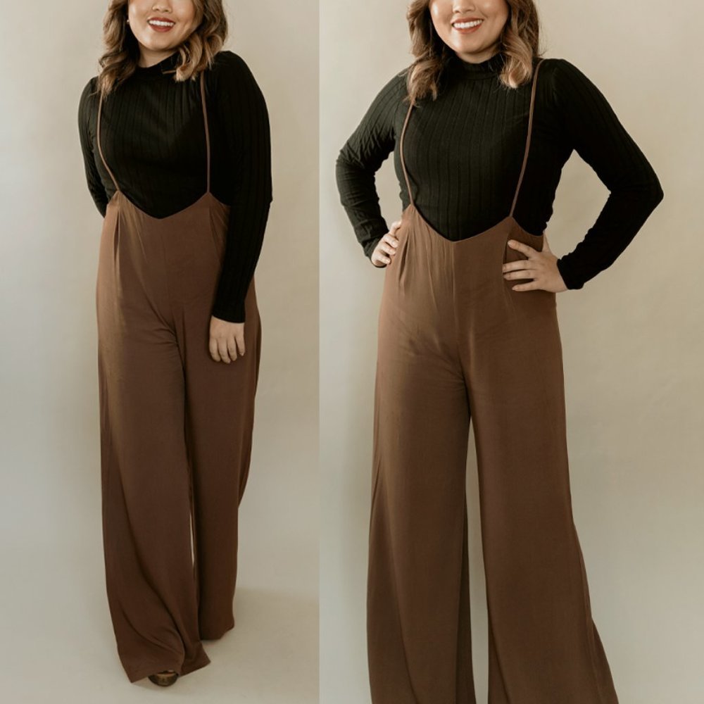 Lucca Couture Brown Sleeveless Wide Bell Bottom Leg Overall Jumpsuit